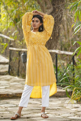 Yellow Floral Printed Georgette High- Low Tunic With Shantoon Inner-2965YELLOW