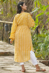 Yellow Floral Printed Georgette High- Low Tunic With Shantoon Inner-2965YELLOW