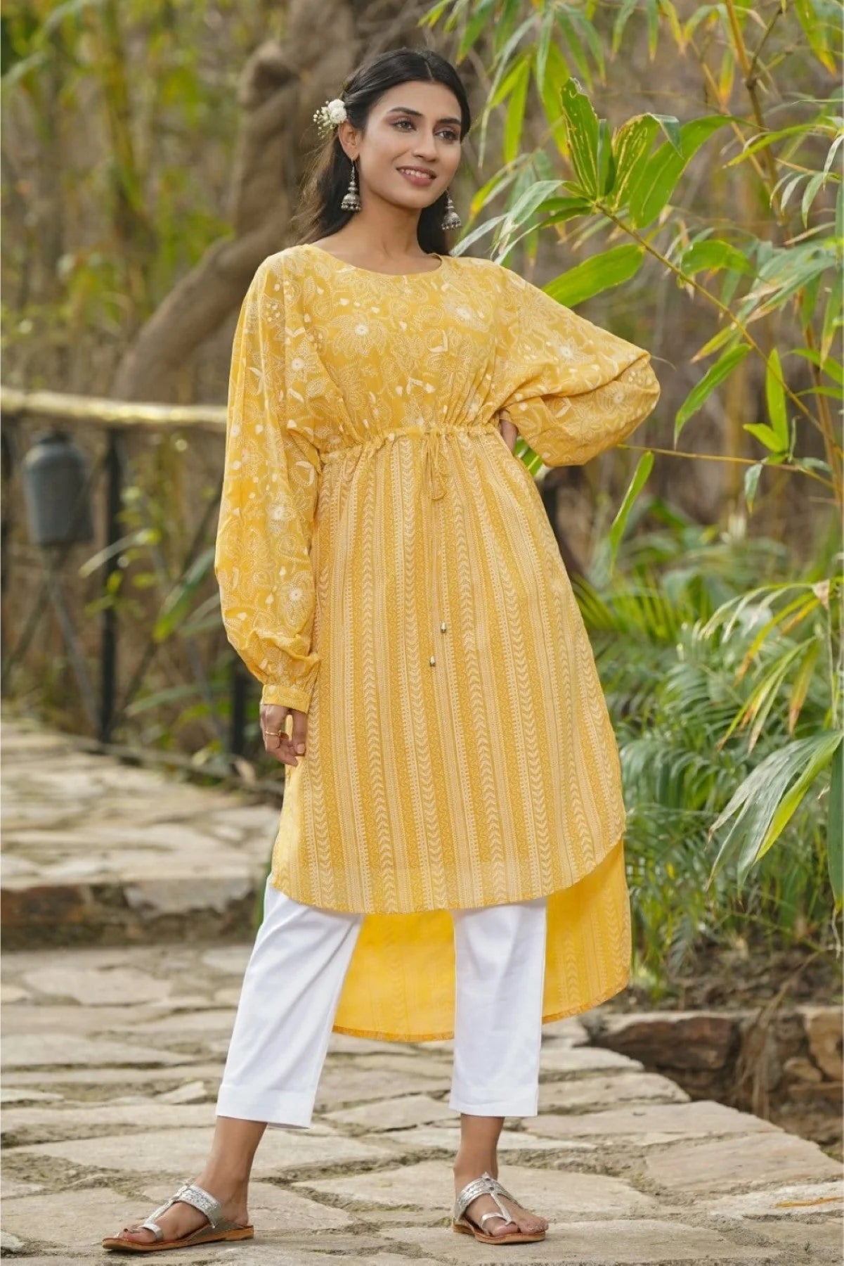 Yellow Floral Tunic Top - Georgette Indian Kurti for Women