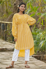 Yellow Floral Printed Georgette High- Low Tunic With Shantoon Inner-2965YELLOW