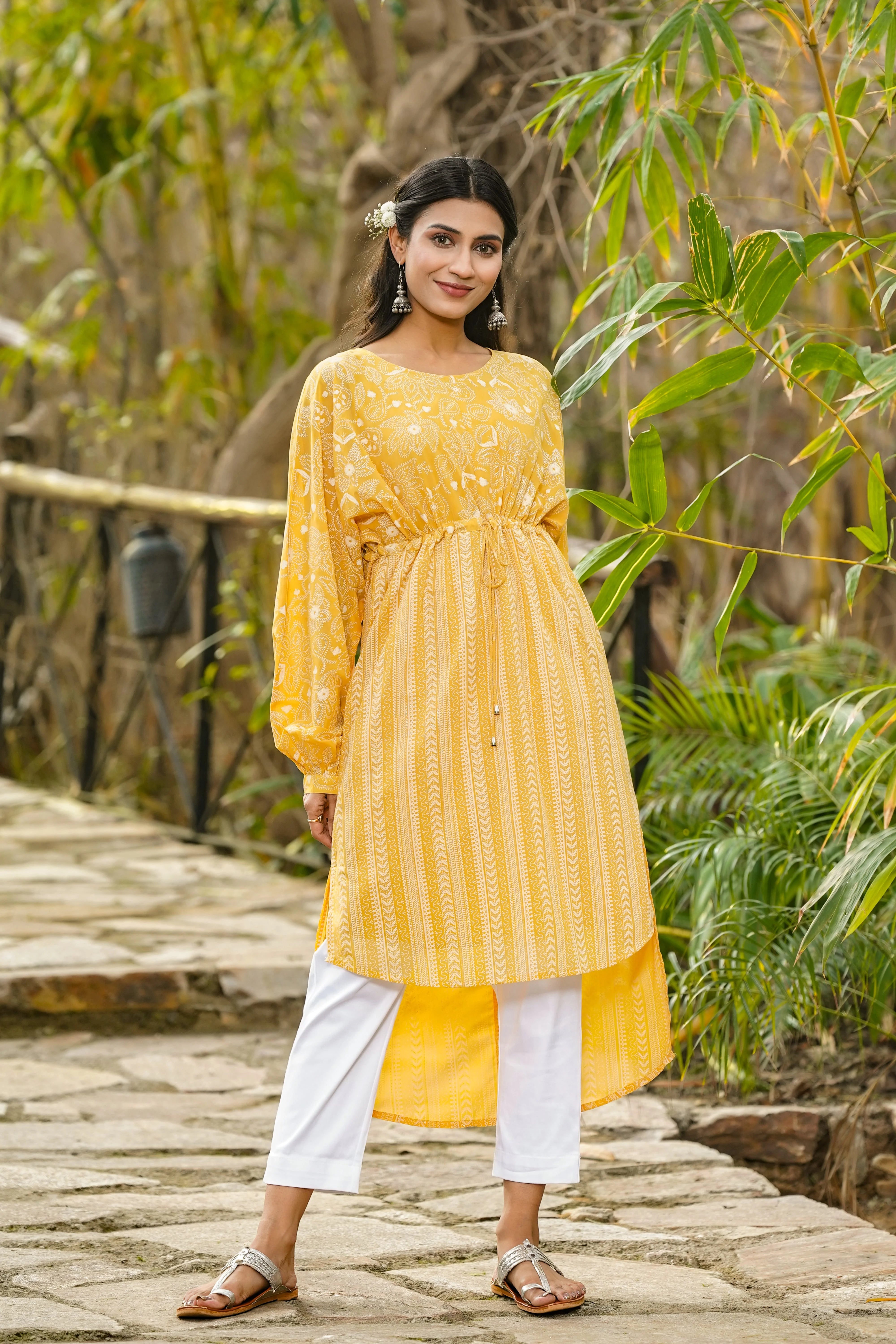Yellow Floral Tunic Top - Georgette Indian Kurti for Women