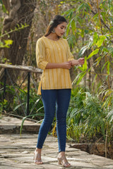 Yellow Ethnic Motif Printed Georgette High-Low Tunic.-2966YELLOW