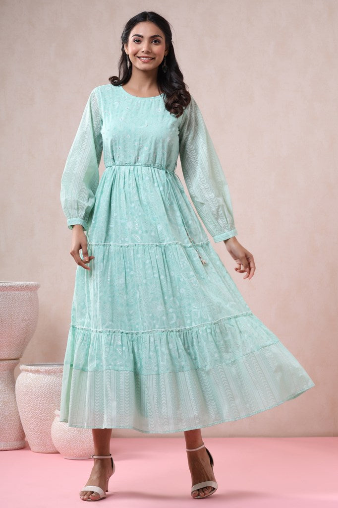 Mint Georgette Printed Tiered Dress with Tie-up Dori | DesiQlo