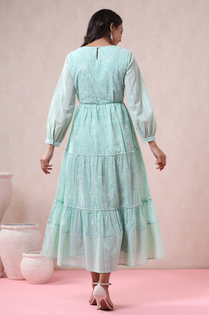 Mint Georgette Printed Tiered Dress with Tie-up Dori | DesiQlo