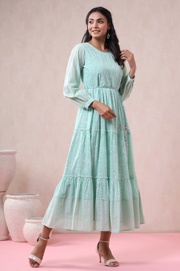 Mint Georgette Printed Tiered Dress with Tie-up Dori | DesiQlo