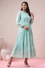 Juniper Mint Georgette Printed Tiered Dress with Tie-up Dori