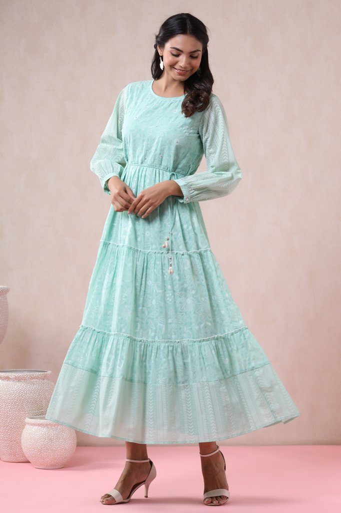 Mint Georgette Printed Tiered Dress with Tie-up Dori | DesiQlo