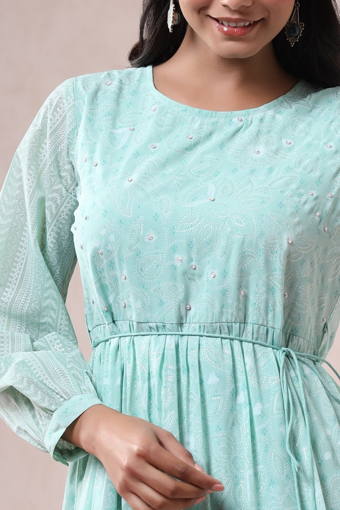 Mint Georgette Printed Tiered Dress with Tie-up Dori | DesiQlo