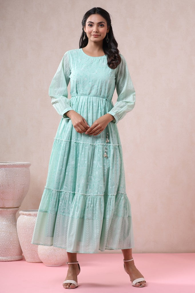 Mint Georgette Printed Tiered Dress with Tie-up Dori | DesiQlo