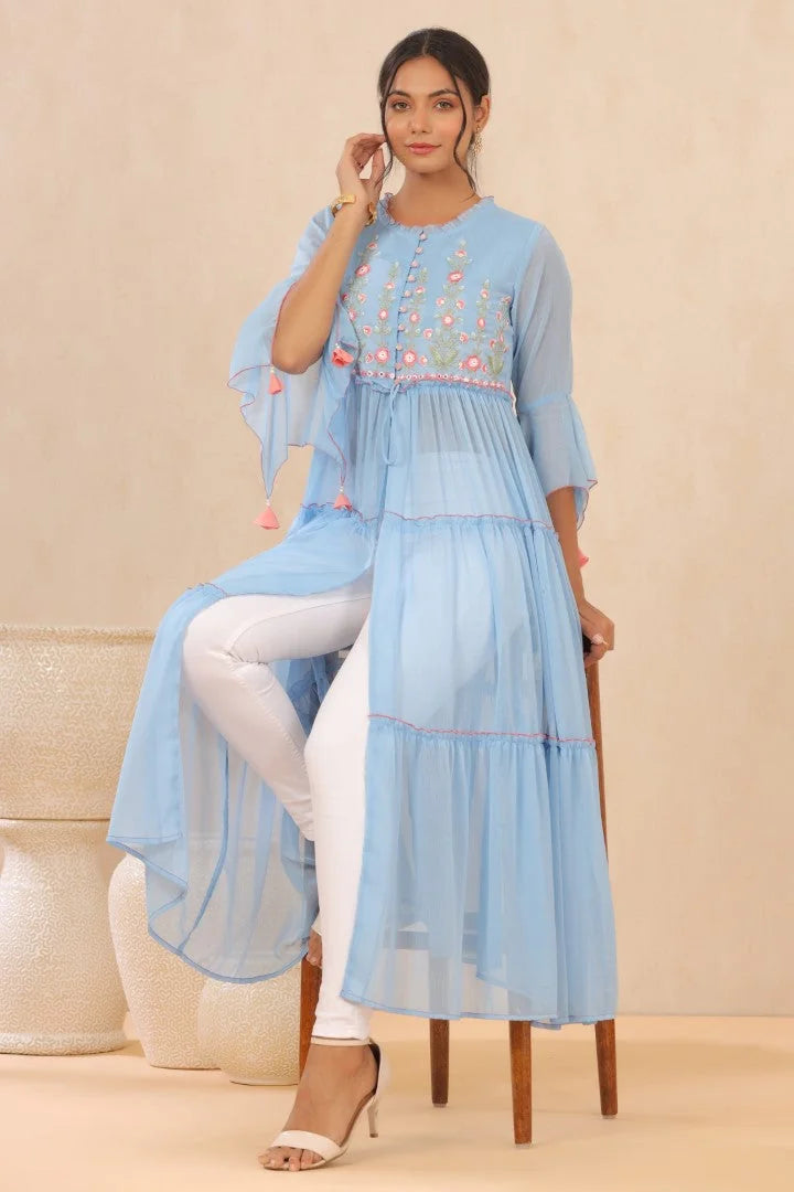 Powder Blue Floral Indian Kurta for Women | Embroidered