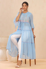 Powder Blue Floral Printed Chiffon Tiered Kurta With Thread Work Embroidery-2974POWDERBLUE