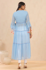 Powder Blue Floral Printed Chiffon Tiered Kurta With Thread Work Embroidery-2974POWDERBLUE