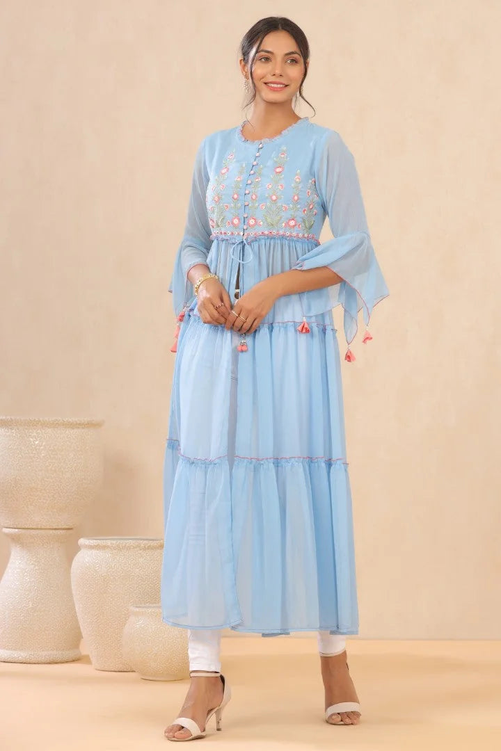 Powder Blue Floral Indian Kurta for Women | Embroidered