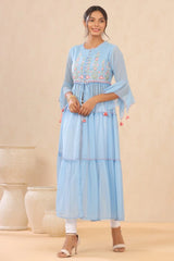 Powder Blue Floral Printed Chiffon Tiered Kurta With Thread Work Embroidery-2974POWDERBLUE