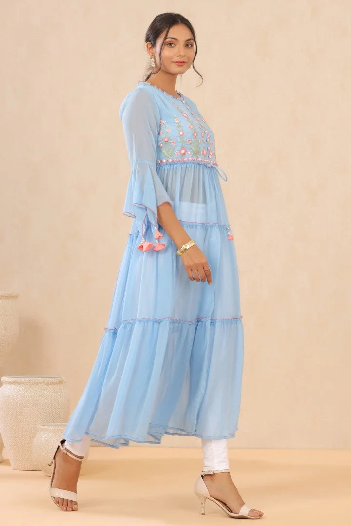 Powder Blue Floral Indian Kurta for Women | Embroidered