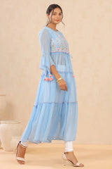 Powder Blue Floral Printed Chiffon Tiered Kurta With Thread Work Embroidery-2974POWDERBLUE