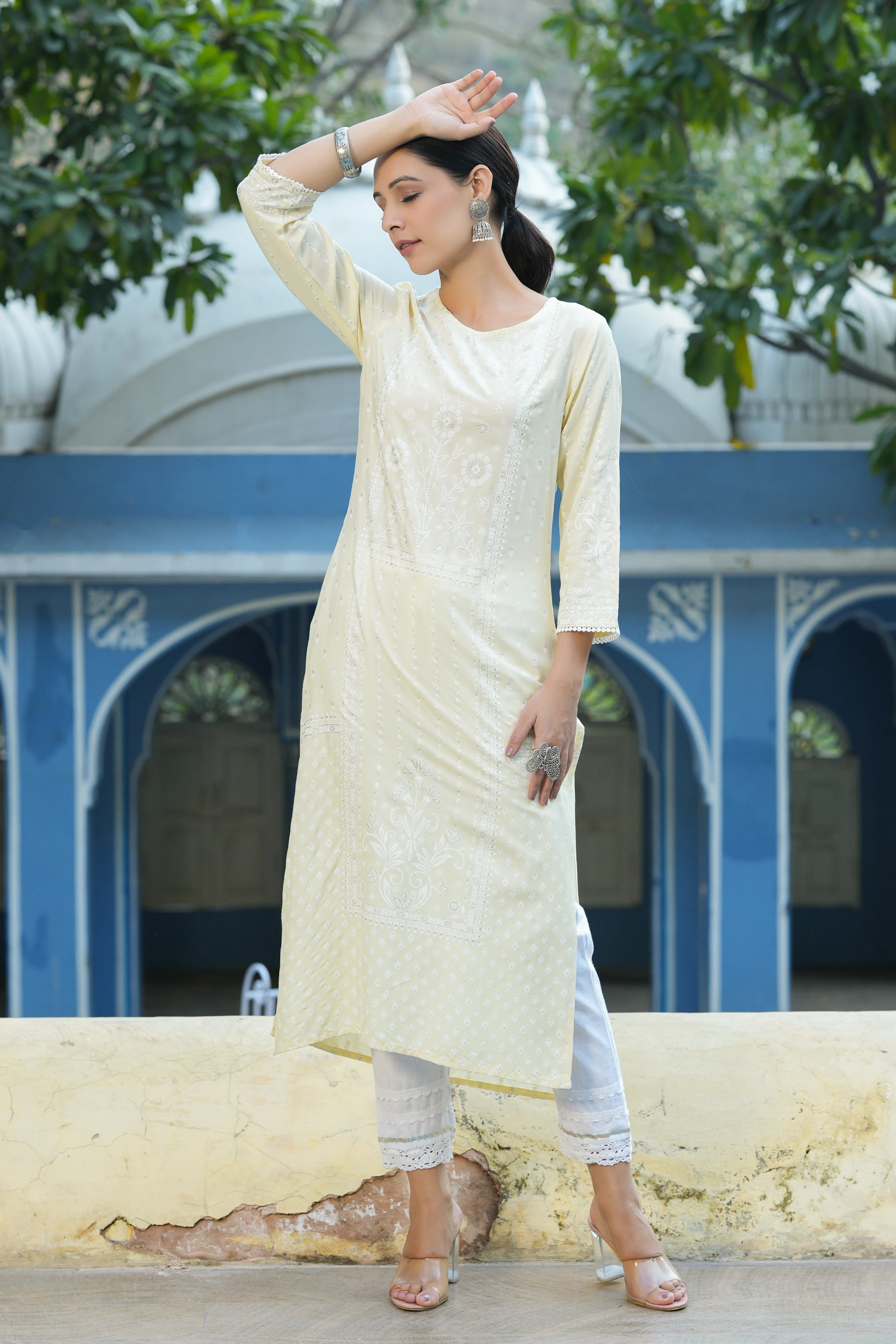 Light Yellow Printed Indian Kurta with Lace | Indian Kurtas