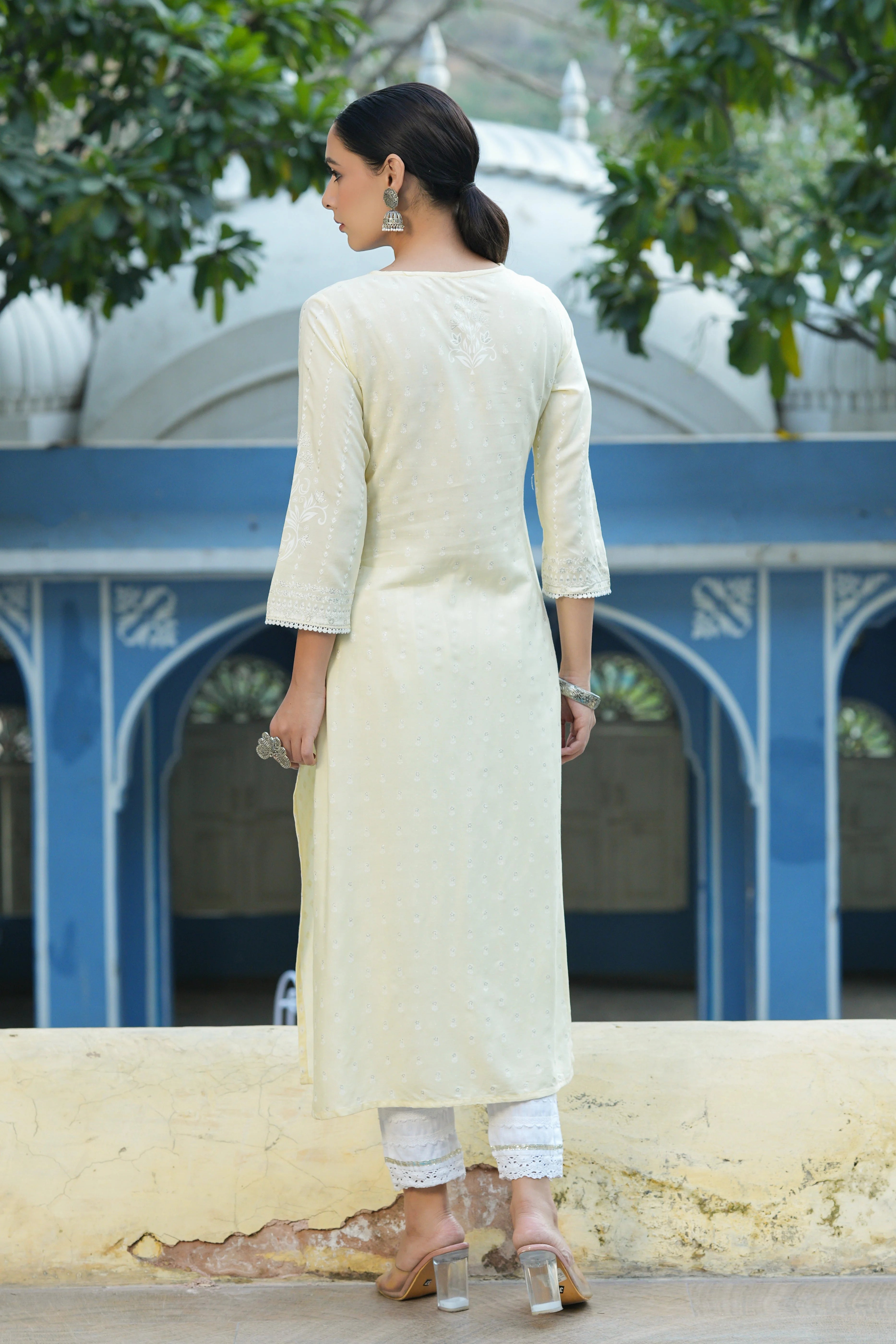 Light Yellow Printed Indian Kurta with Lace | Indian Kurtas