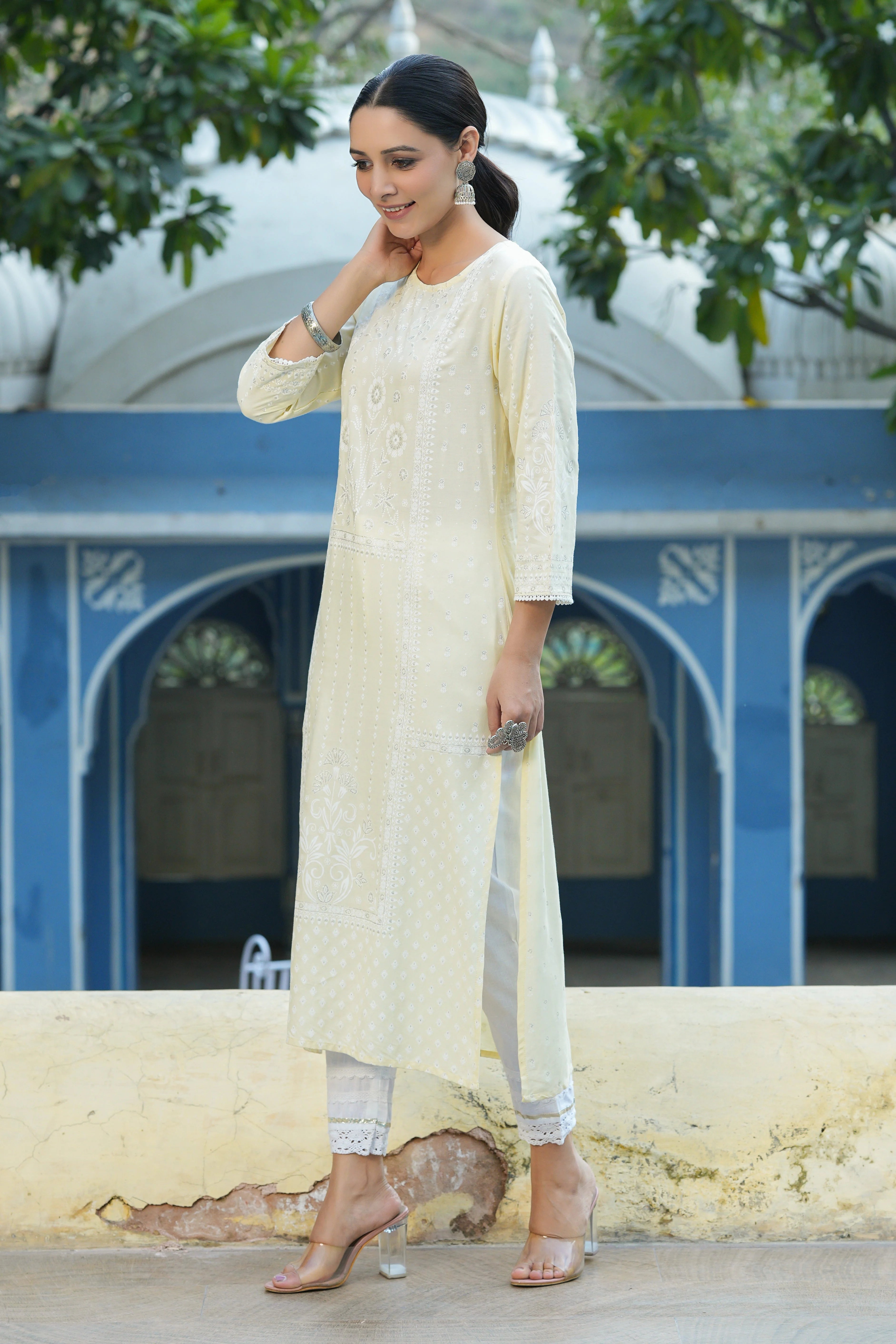 Light Yellow Printed Indian Kurta with Lace | Indian Kurtas