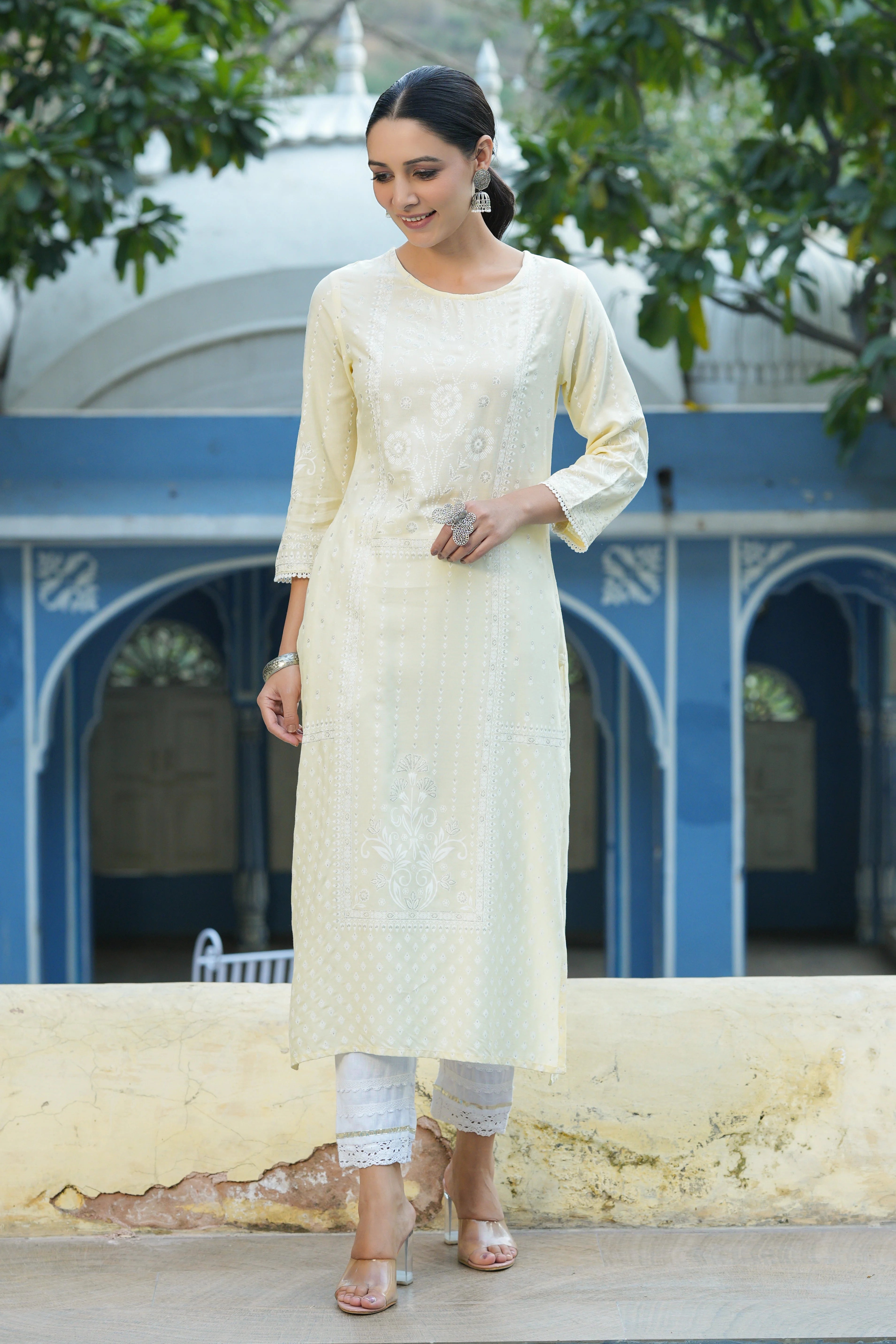 Light Yellow Printed Indian Kurta with Lace | Indian Kurtas