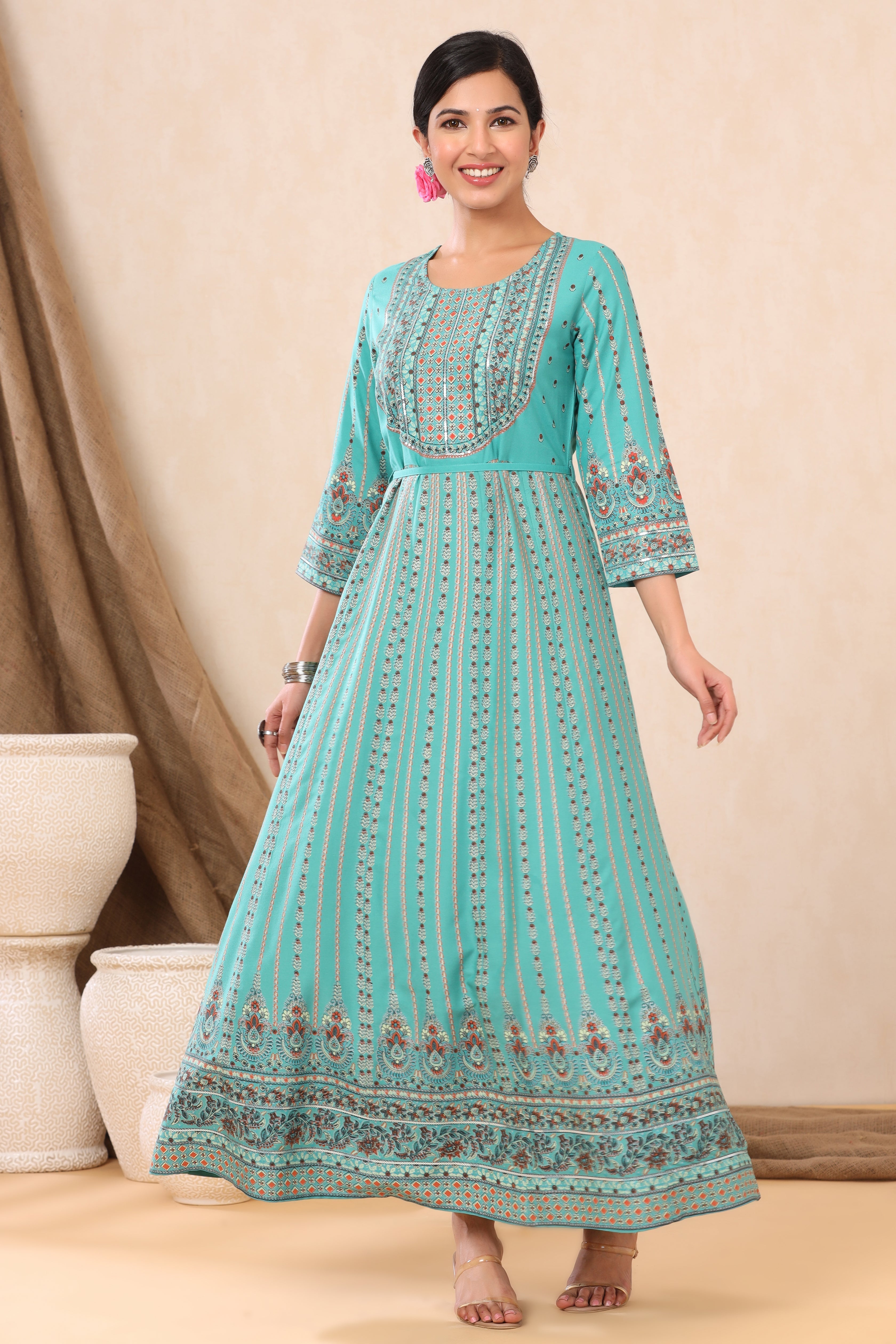 Teal LIVA Rayon Printed Anarkali Dress | DesiQlo
