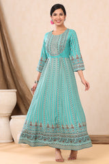 Juniper Teal LIVA Rayon Printed Anarkali Dress