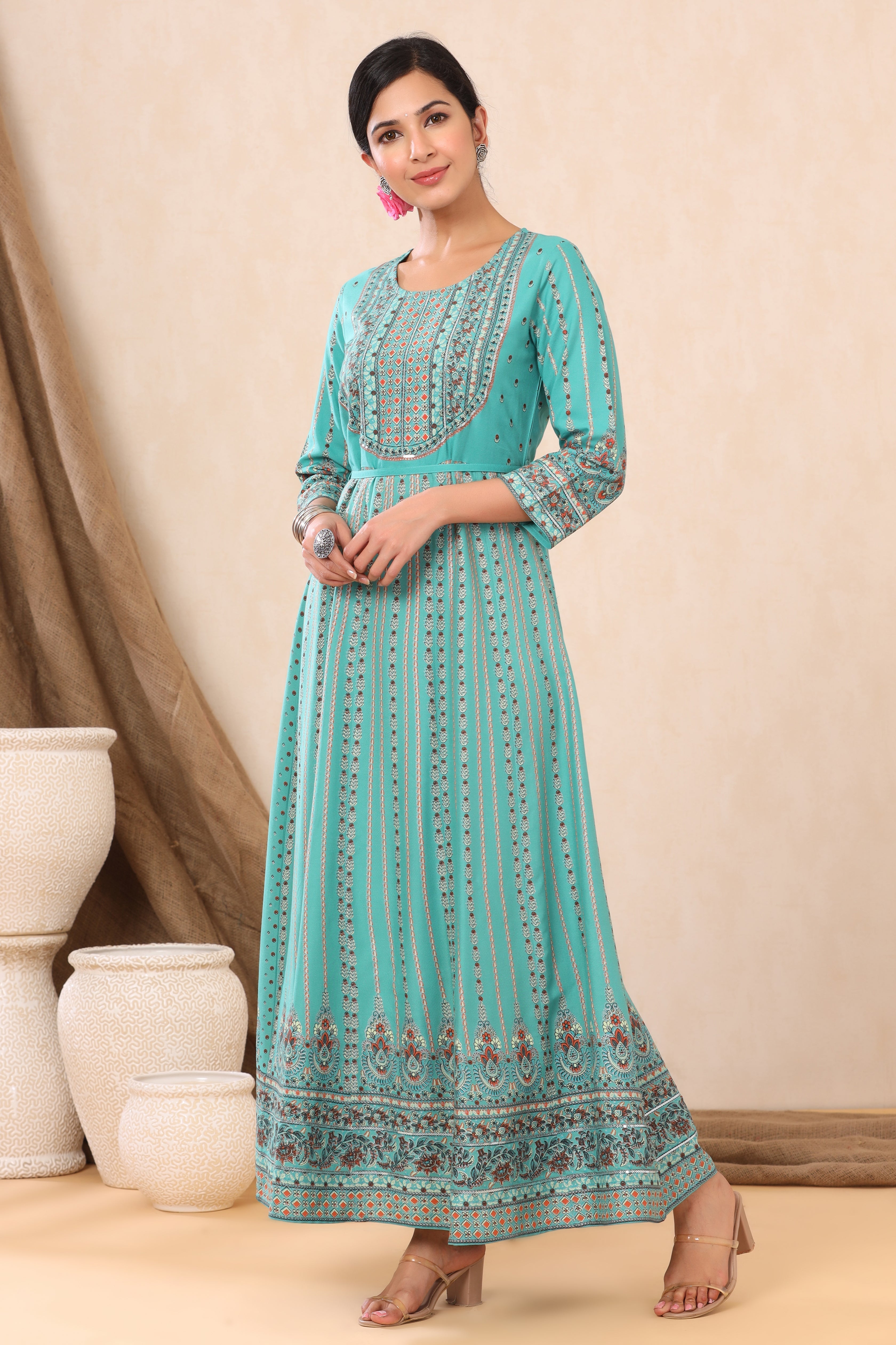 Teal LIVA Rayon Printed Anarkali Dress | DesiQlo