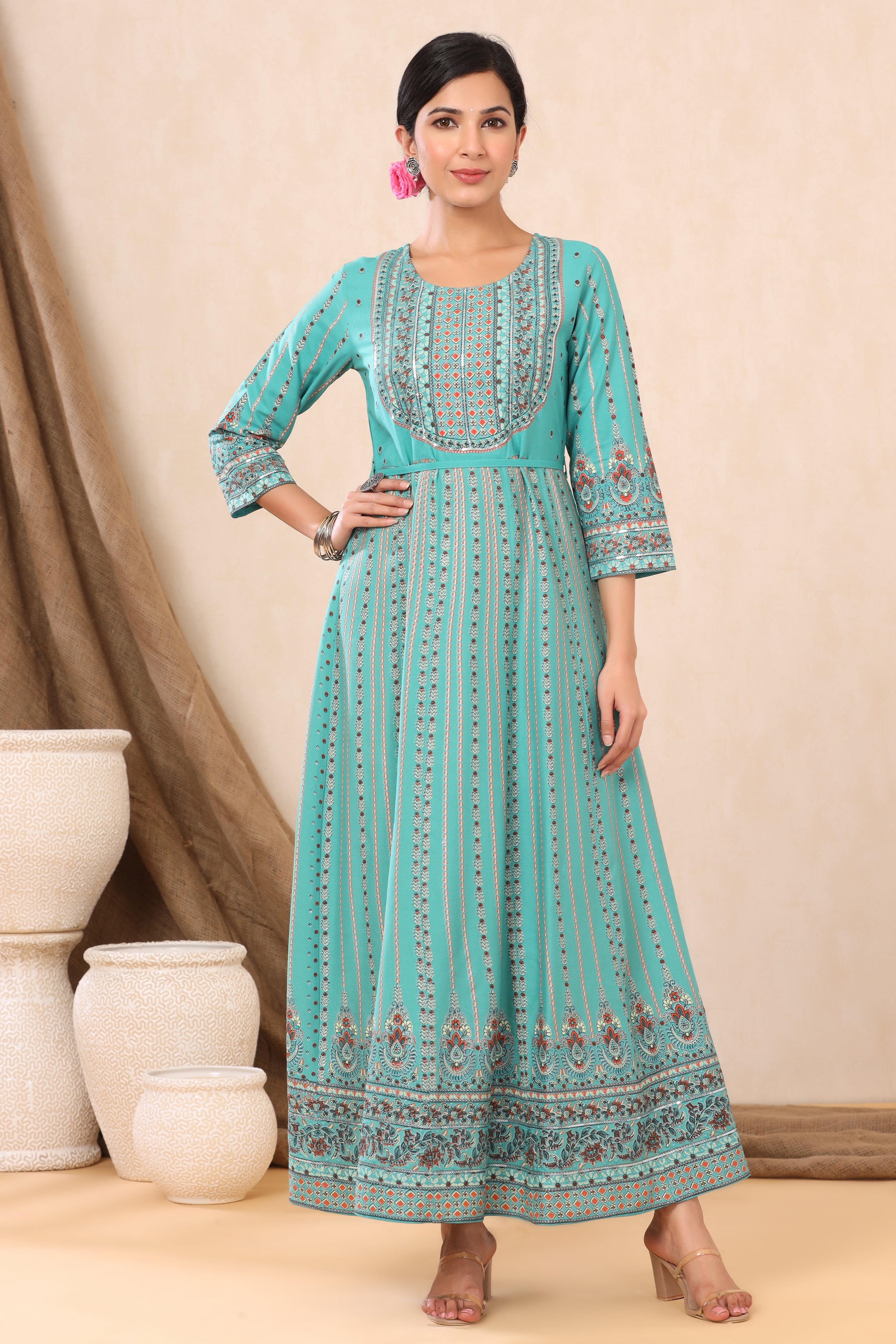 Teal LIVA Rayon Printed Anarkali Dress | DesiQlo