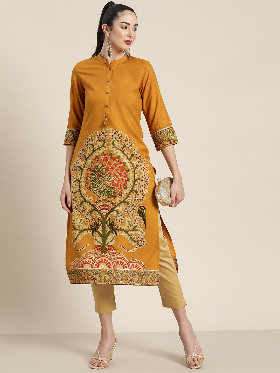 Mustard Ethnic Motif Printed Rayon Straight Kurta With Buttons & Tasse