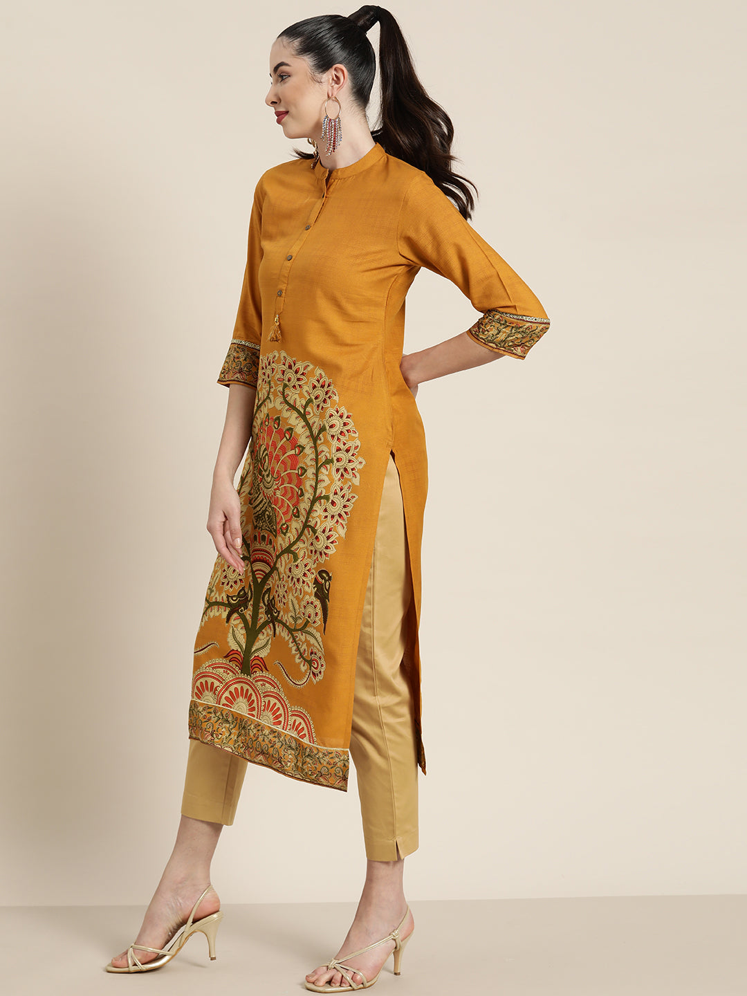 Mustard Ethnic Motif Printed Rayon Straight Kurta With Buttons & Tasse