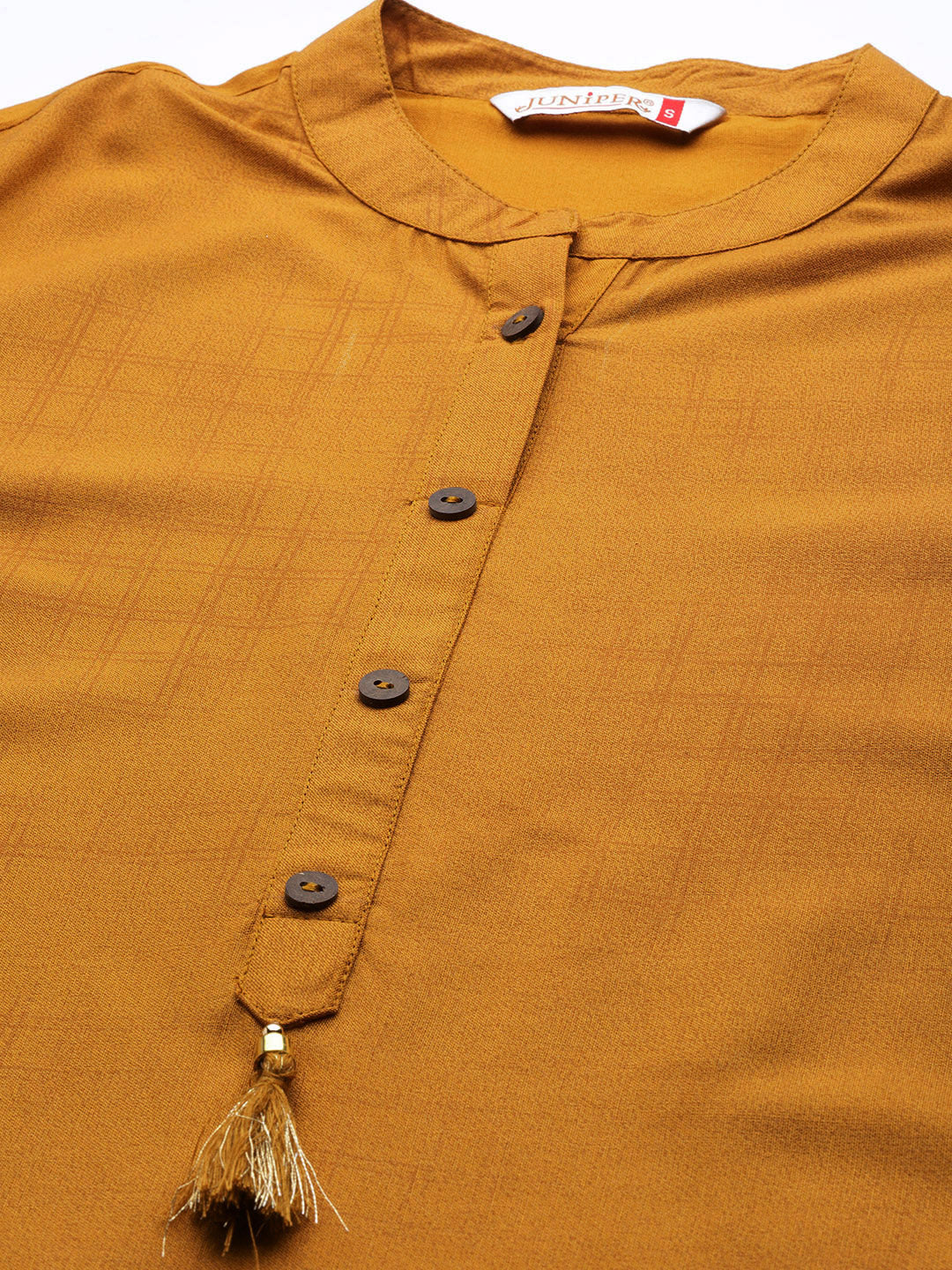 Mustard Ethnic Motif Printed Rayon Straight Kurta With Buttons & Tasse