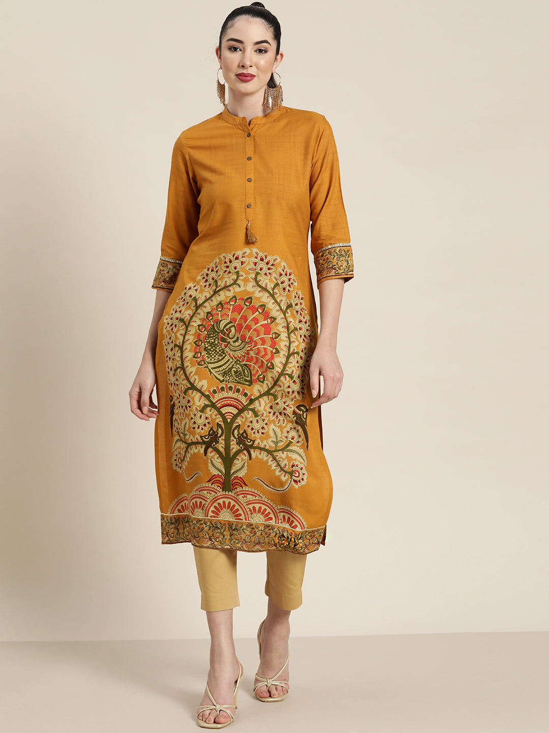 Mustard Ethnic Motif Printed Rayon Straight Kurta With Buttons & Tasse