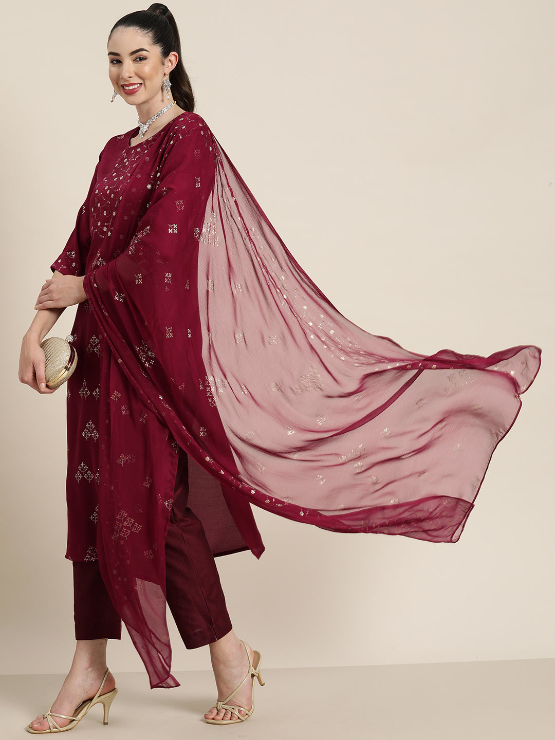 Wine Silk Printed Straight Kurta Pant Dupatta Set | DesiQlo