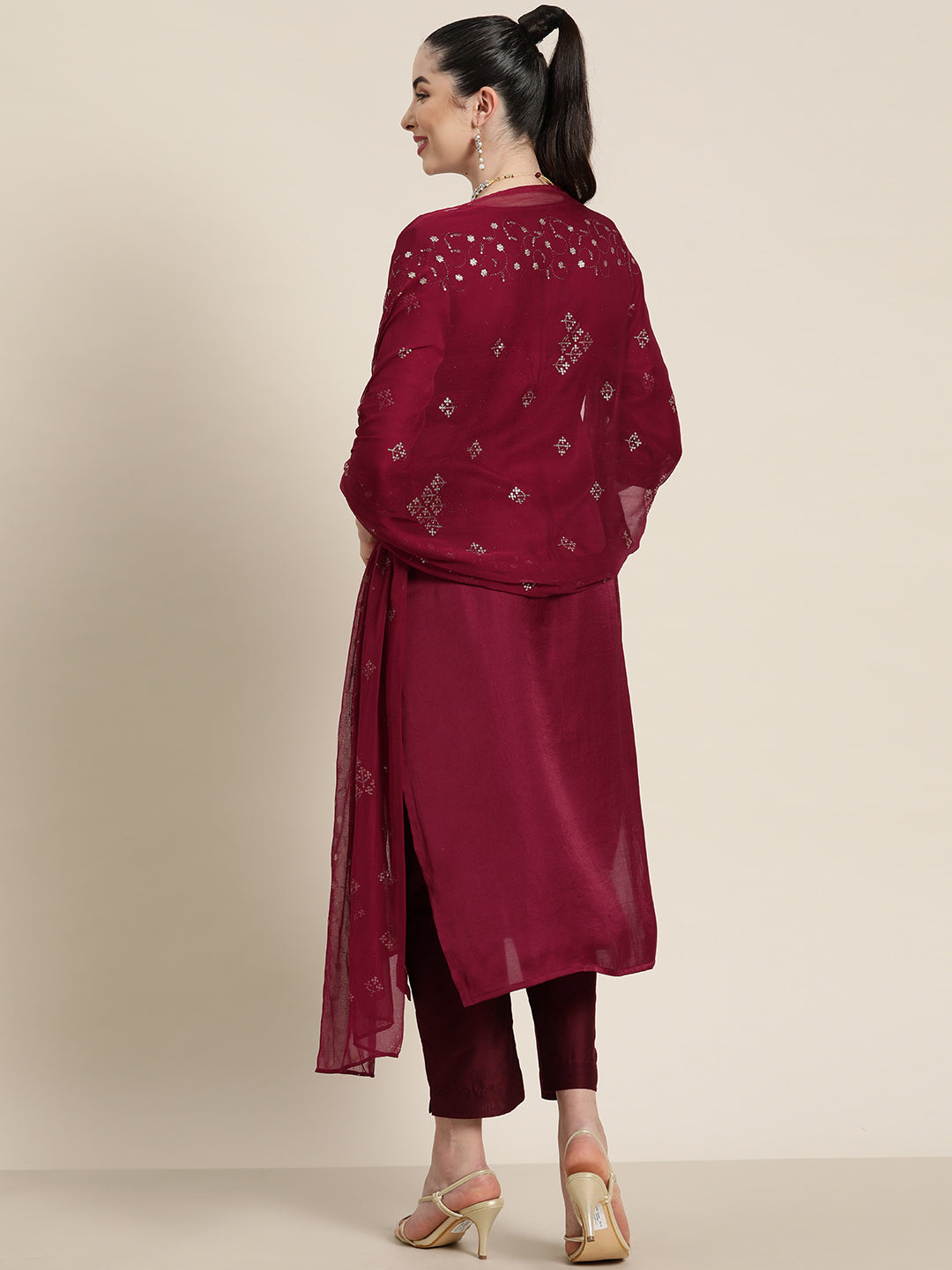 Wine Silk Printed Straight Kurta Pant Dupatta Set | DesiQlo