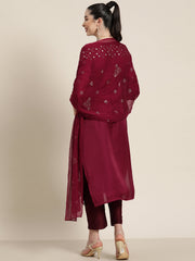 Juniper Wine Silk Printed Straight Kurta Pant Dupatta Set