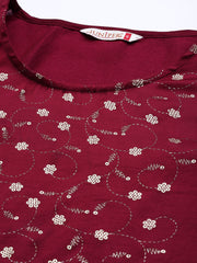 Juniper Wine Silk Printed Straight Kurta Pant Dupatta Set