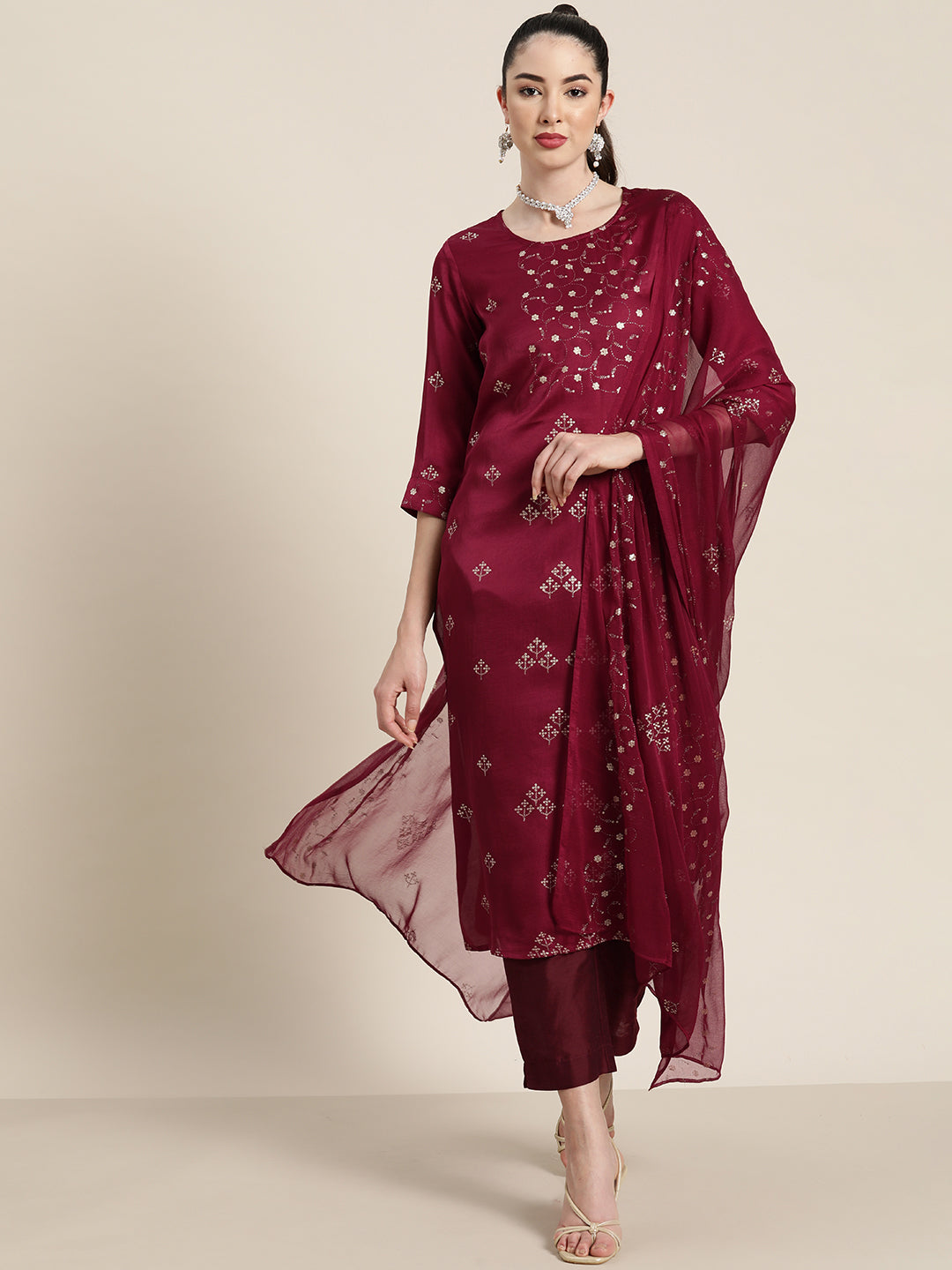 Wine Silk Printed Straight Kurta Pant Dupatta Set | DesiQlo