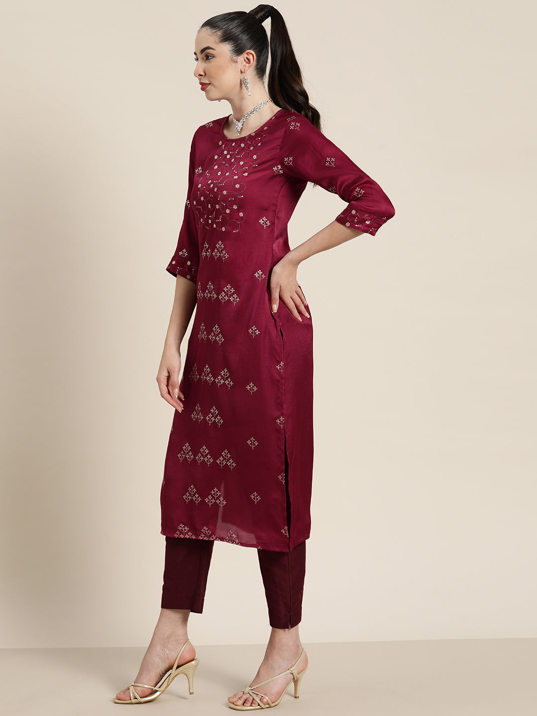 Wine Silk Printed Straight Kurta Pant Dupatta Set | DesiQlo