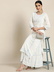 Juniper Off-White Ethnic Motif Printed Rayon Kurta with Gota & Lace Work - Juniper Fashion