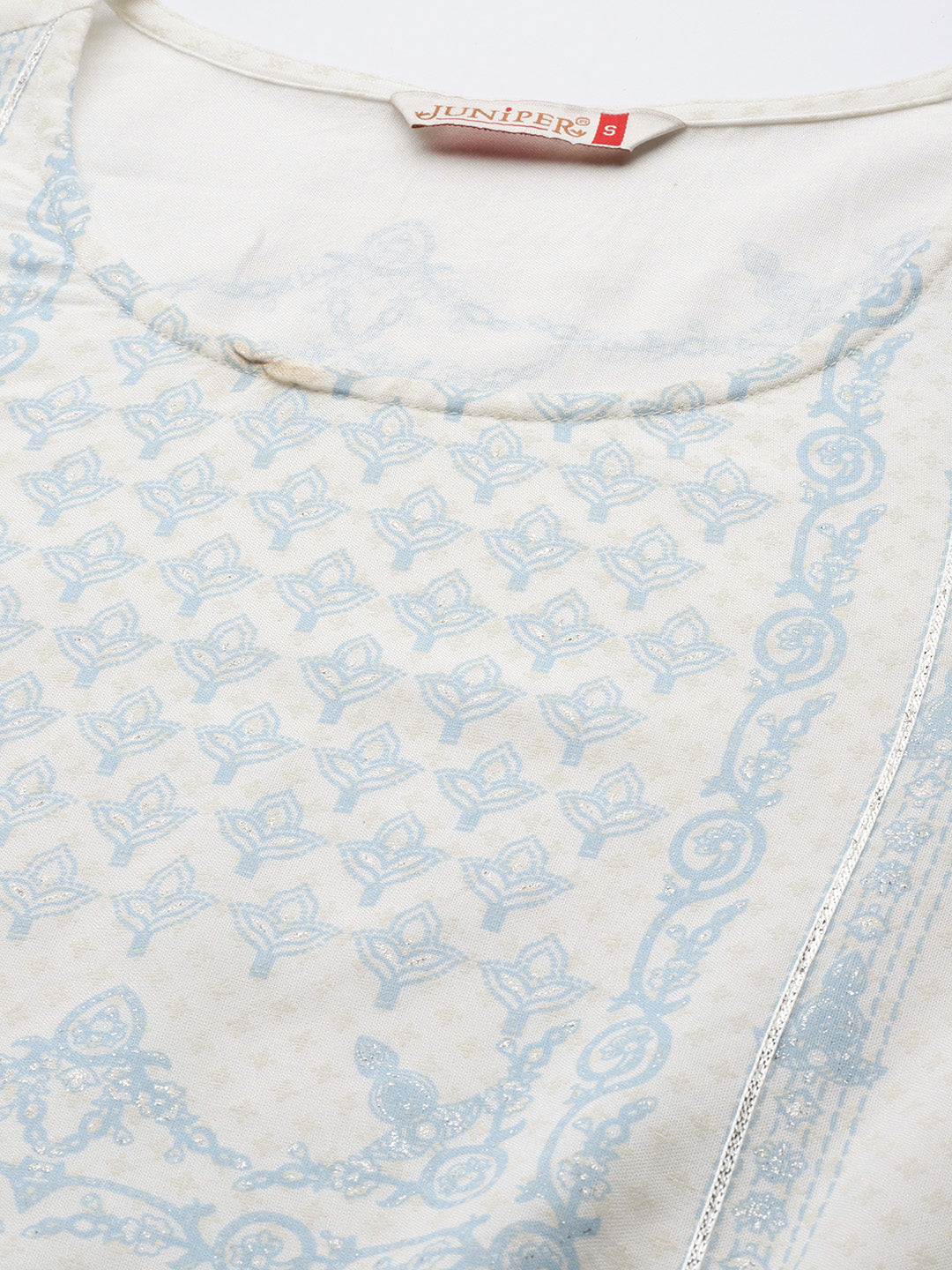 Off-White Ethnic Motif Printed Rayon Kurta with Gota & Lace Work | Des