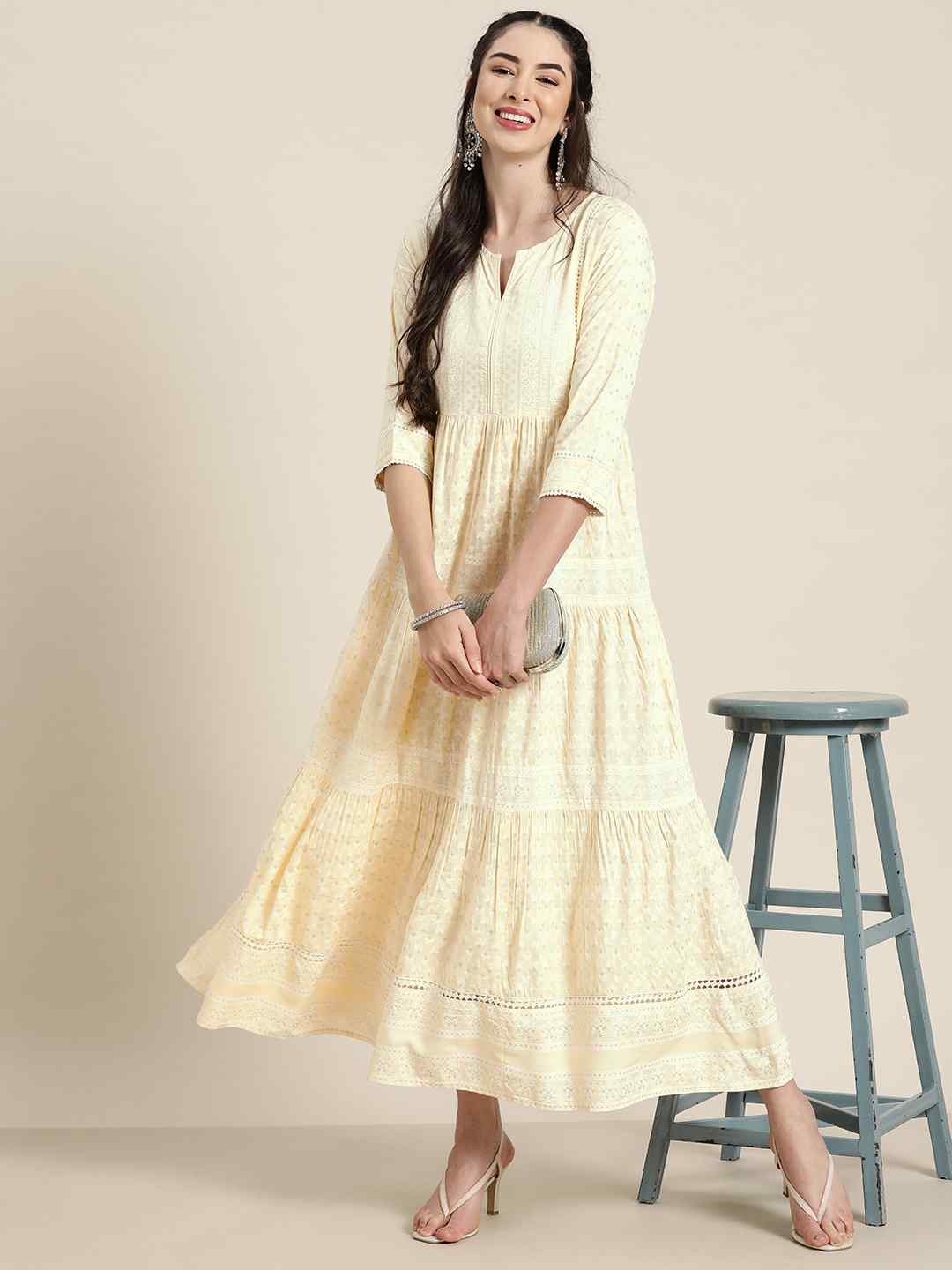 Light Yellow LIVA Rayon Printed Tiered Dress With Lace Detailing | Des