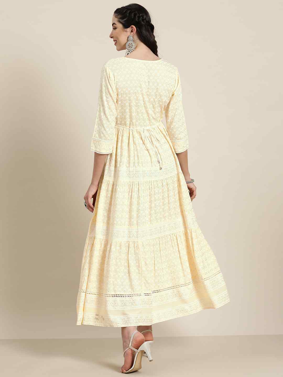 Light Yellow LIVA Rayon Printed Tiered Dress With Lace Detailing | Des
