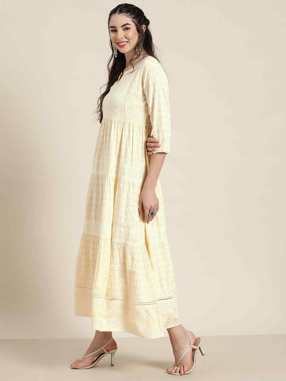 Light Yellow LIVA Rayon Printed Tiered Dress With Lace Detailing | Des