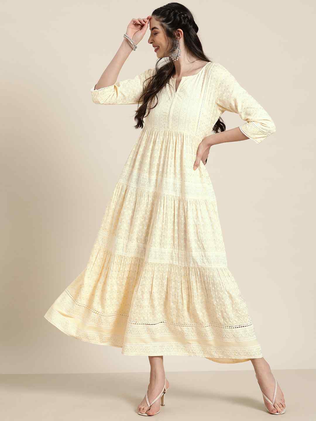 Light Yellow LIVA Rayon Printed Tiered Dress With Lace Detailing | Des