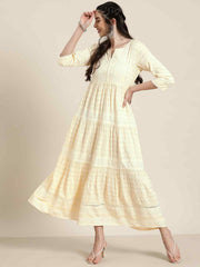 Juniper Light Yellow LIVA Rayon Printed Tiered Dress With Lace Detailing