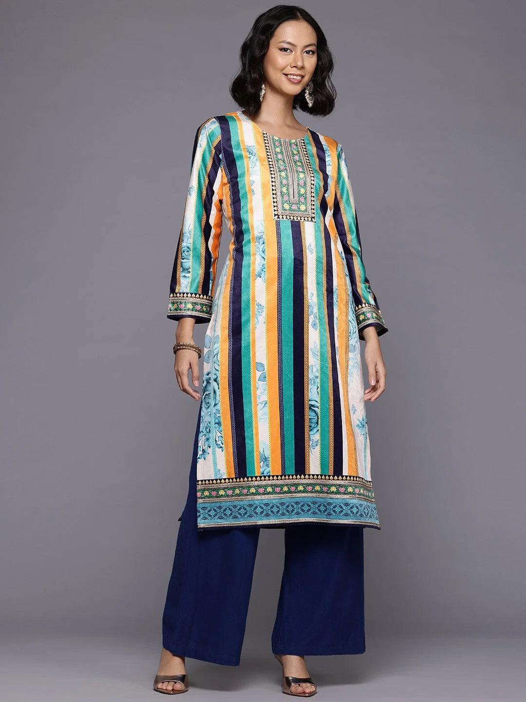 Striped Velvet Indian Kurtas - Shop Ladies Gotta Patti Kurtis