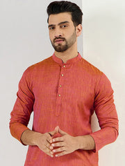 Ethnic Bay Men Orange Cotton Solid Woven Design Straight Kurta With Pant Set-MKSET1094