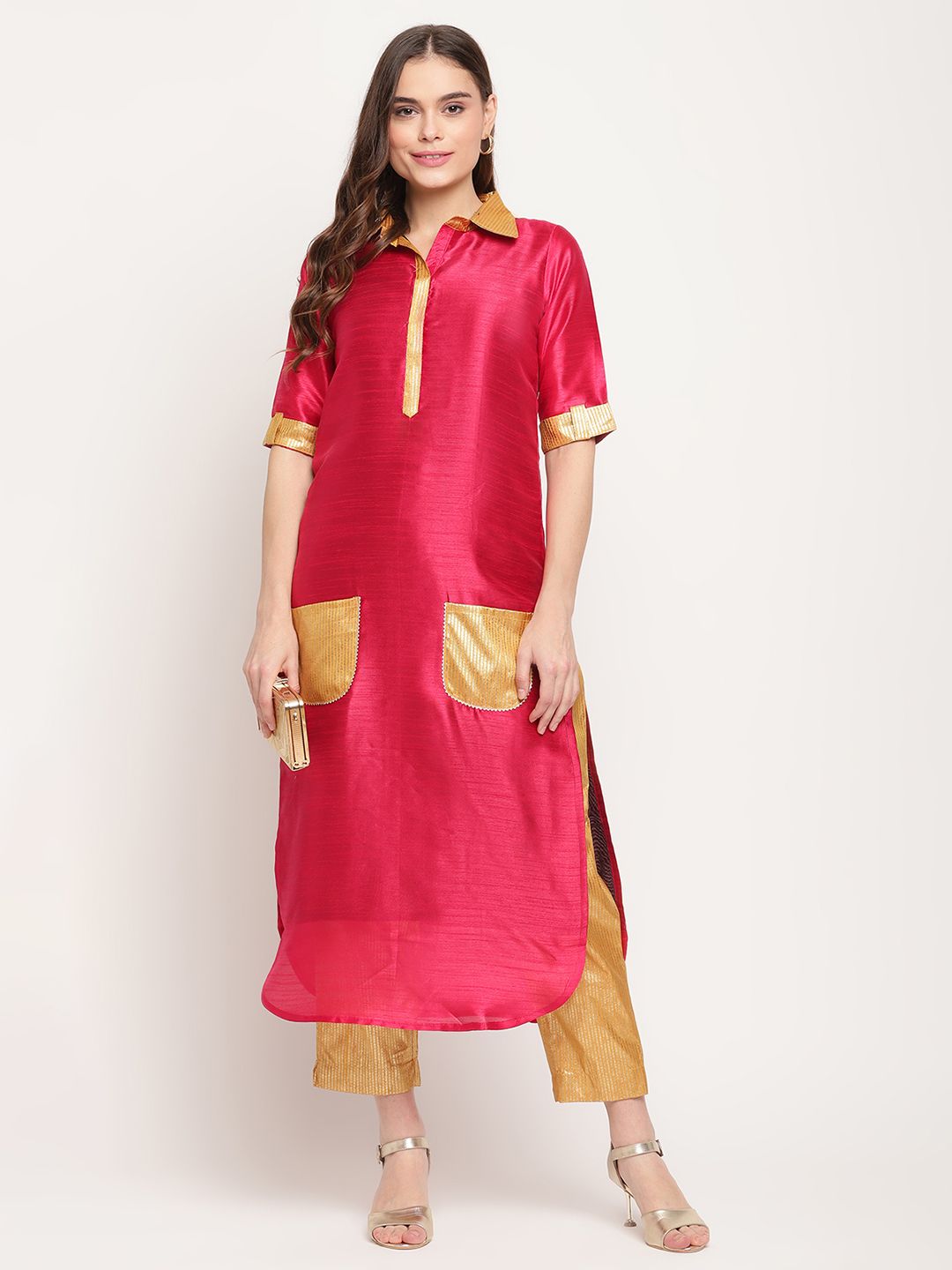 Dark Pink Poly Silk Printed Kurta Trouser Set | Indian Kurta Sets