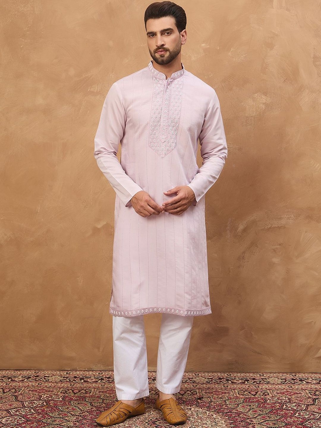 Ethnic Bay Men Lavender Silk Blend Solid Embroidered Straight Kurta With Pant Set-MKSET1449