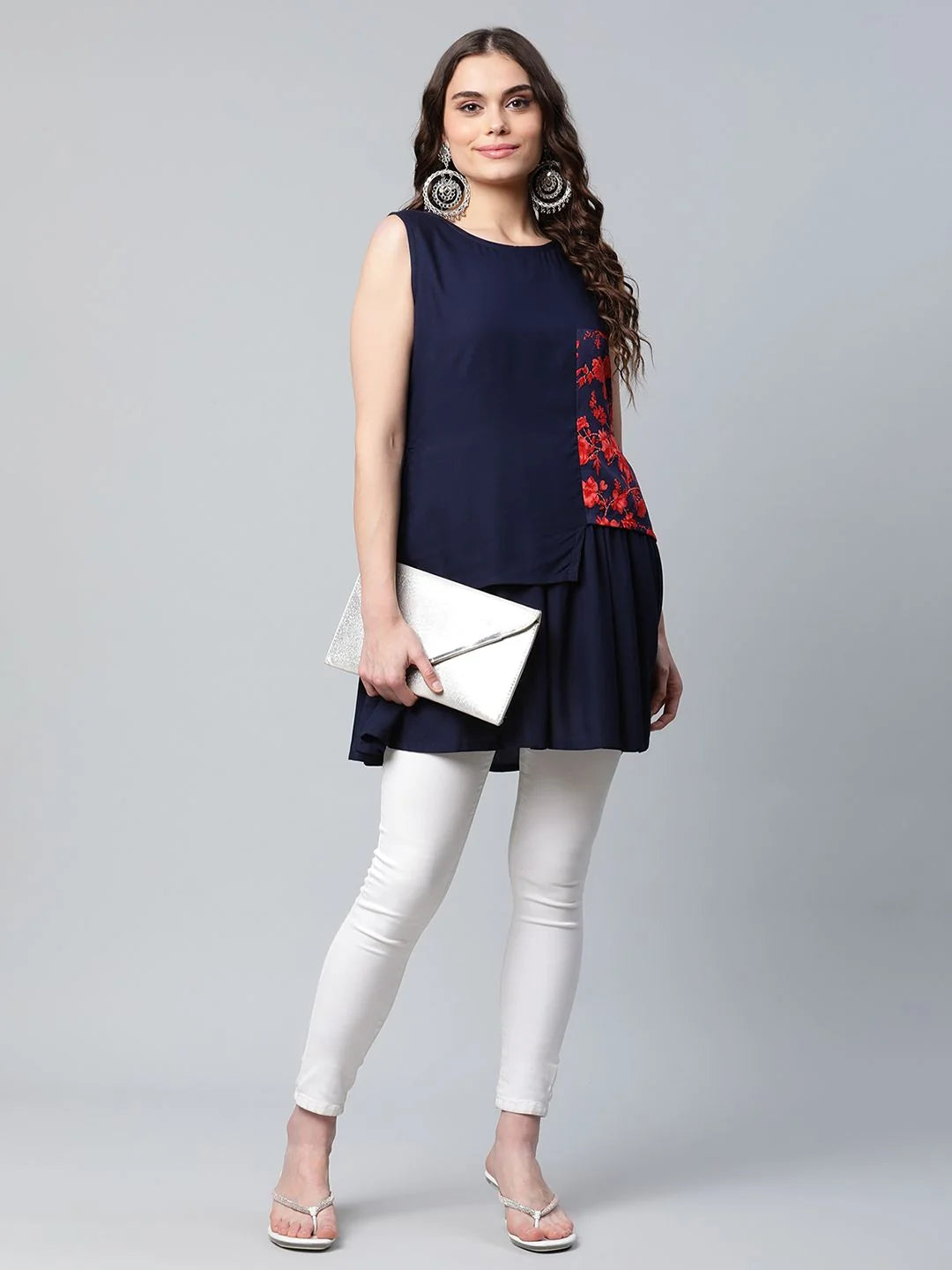 Navy Blue Printed Tunic Top - Women's Indian Kurta Online